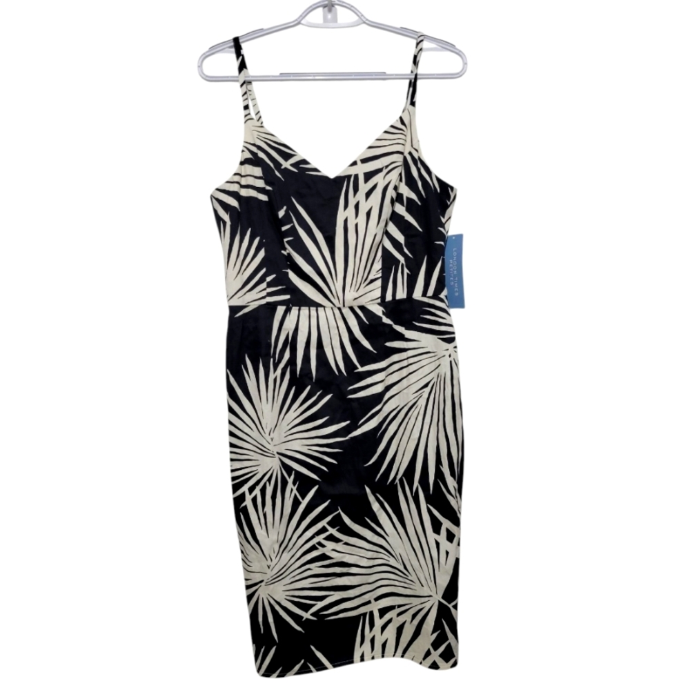 London Times Petites Tropical Black and Cream Palm Print Dress Size 10P NWT